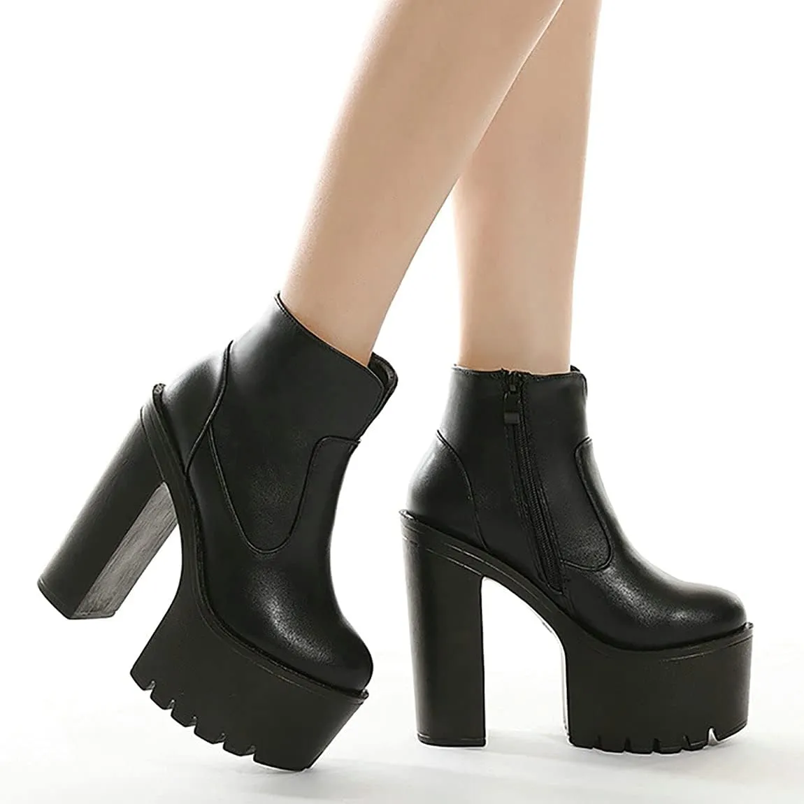 Trendenzy Womens Goth Platform Ankle Boots Chunky High Heel Round Toe Booties