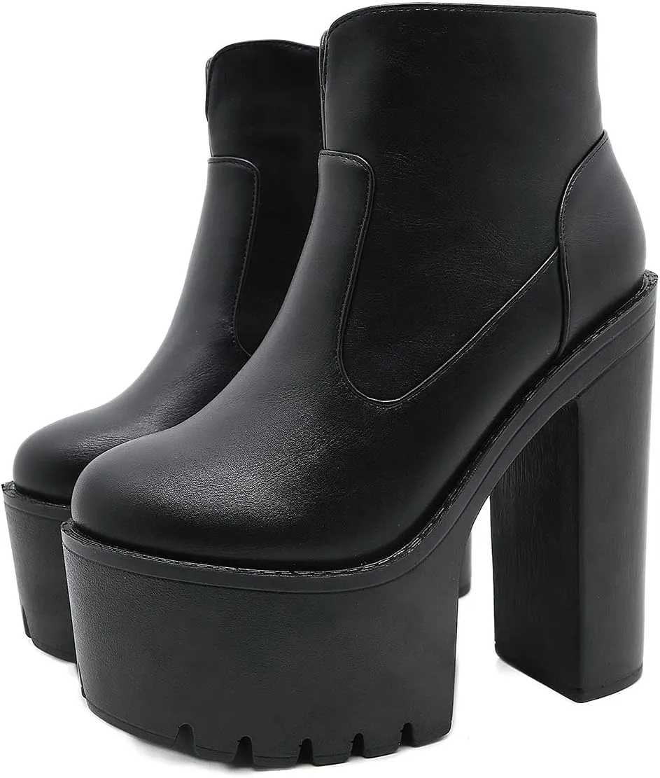 Trendenzy Womens Goth Platform Ankle Boots Chunky High Heel Round Toe Booties