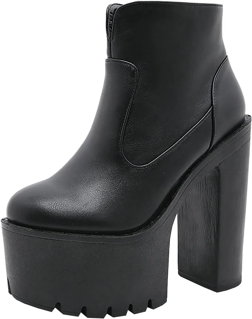 Trendenzy Womens Goth Platform Ankle Boots Chunky High Heel Round Toe Booties