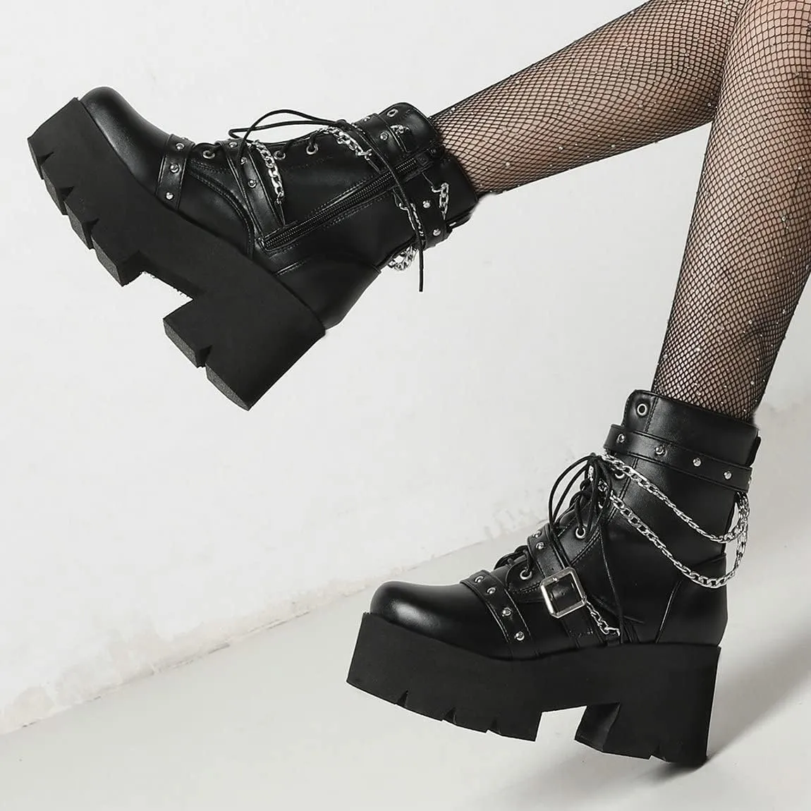 Trendenzy Womens Lace Up Chunky Heel Ankle Boots Goth Platform Combat Booties