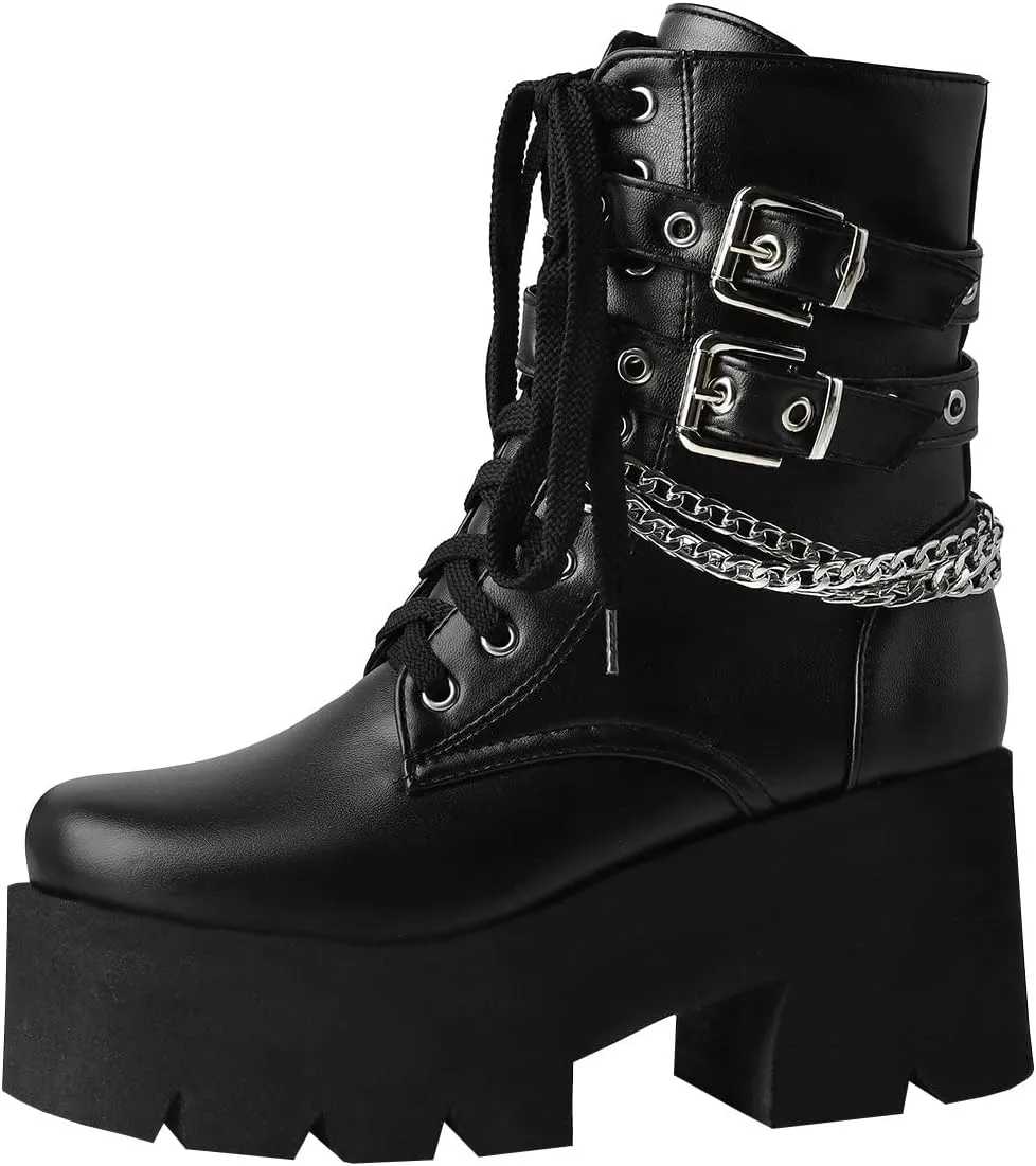 Trendenzy Womens Lace Up Chunky Heel Ankle Boots Goth Platform Combat Booties