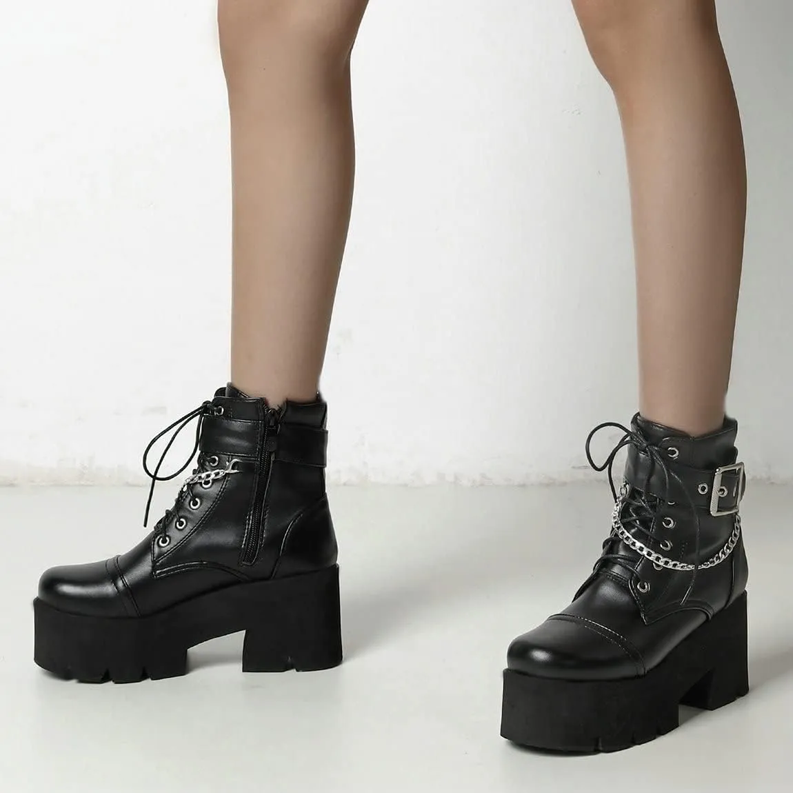 Trendenzy Womens Lace Up Chunky Heel Ankle Boots Goth Platform Combat Booties