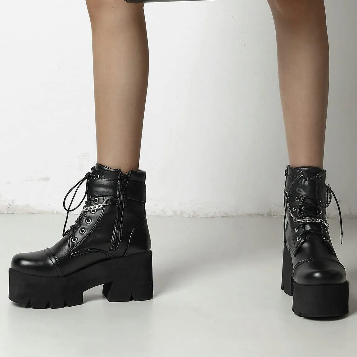 Trendenzy Womens Lace Up Chunky Heel Ankle Boots Goth Platform Combat Booties