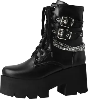 Trendenzy Womens Lace Up Chunky Heel Ankle Boots Goth Platform Combat Booties