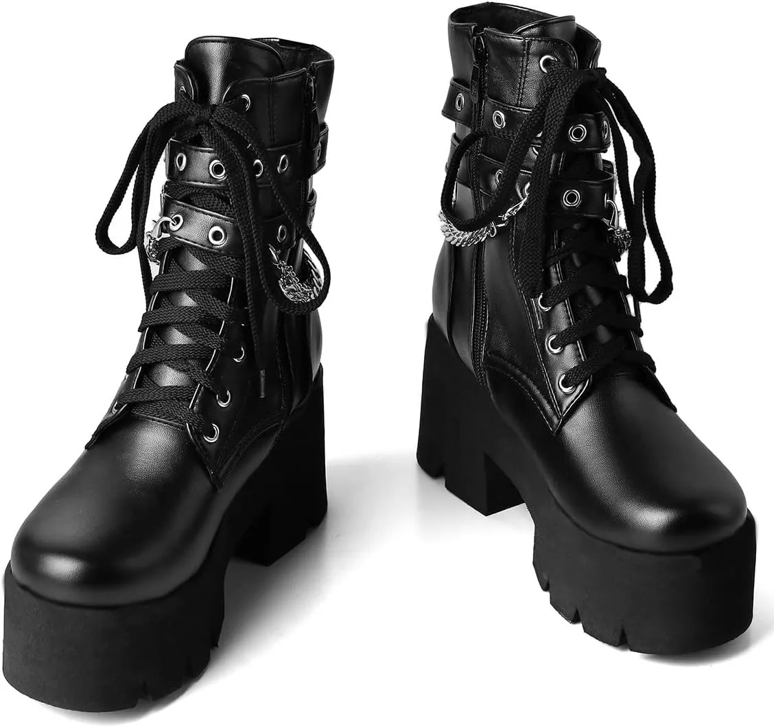Trendenzy Womens Lace Up Chunky Heel Ankle Boots Goth Platform Combat Booties