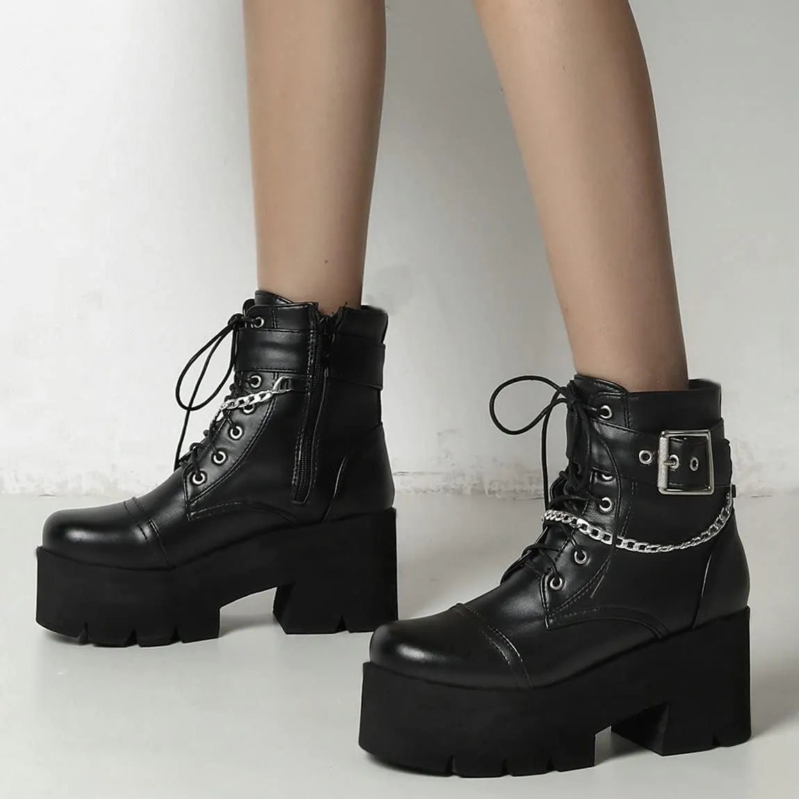 Trendenzy Womens Lace Up Chunky Heel Ankle Boots Goth Platform Combat Booties