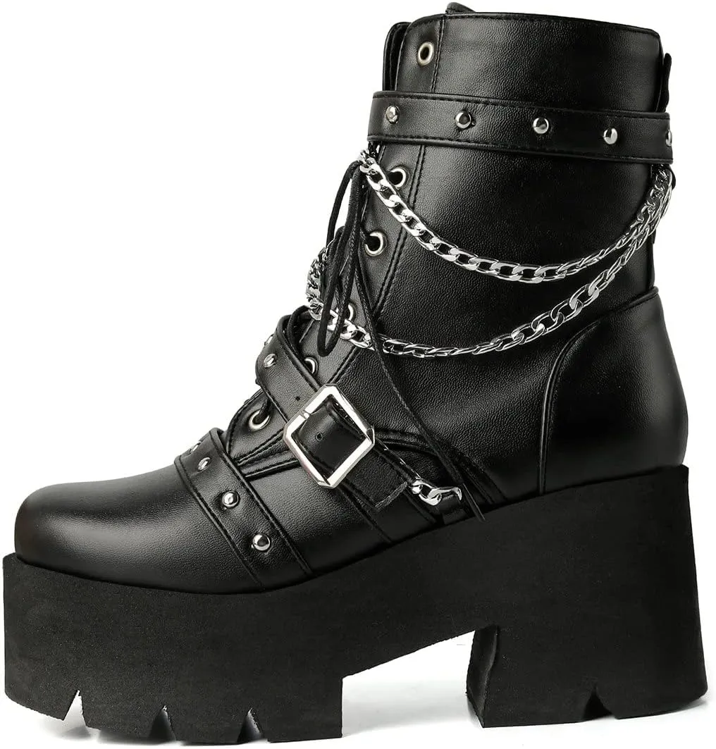 Trendenzy Womens Lace Up Chunky Heel Ankle Boots Goth Platform Combat Booties
