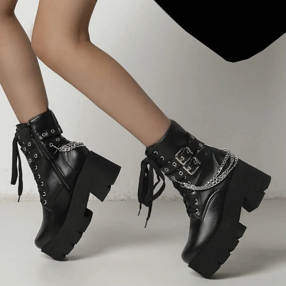 Trendenzy Womens Lace Up Chunky Heel Ankle Boots Goth Platform Combat Booties
