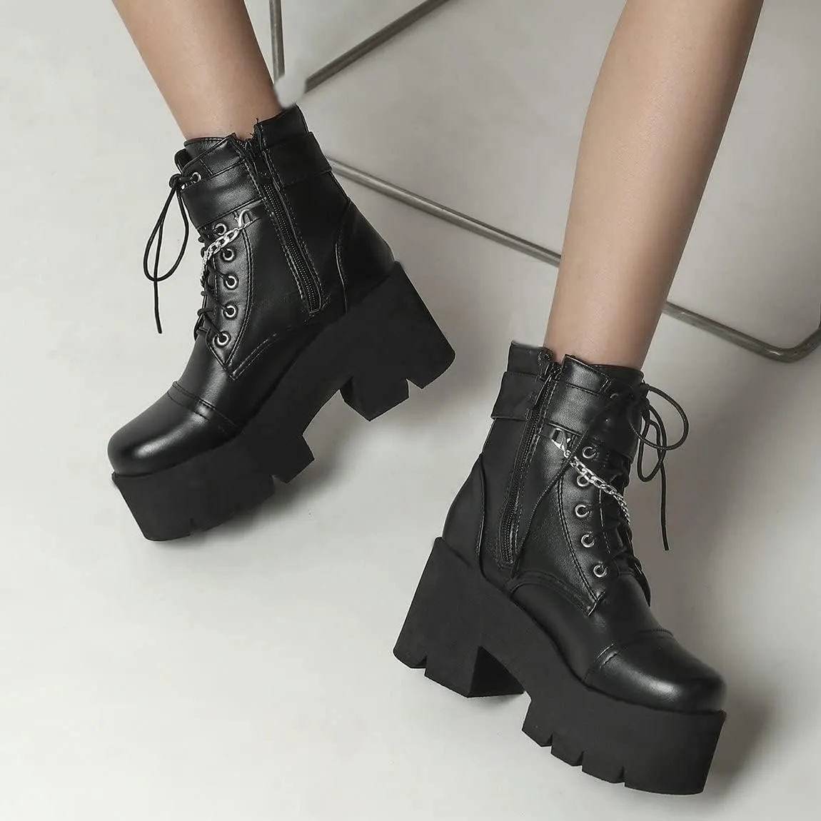 Trendenzy Womens Lace Up Chunky Heel Ankle Boots Goth Platform Combat Booties