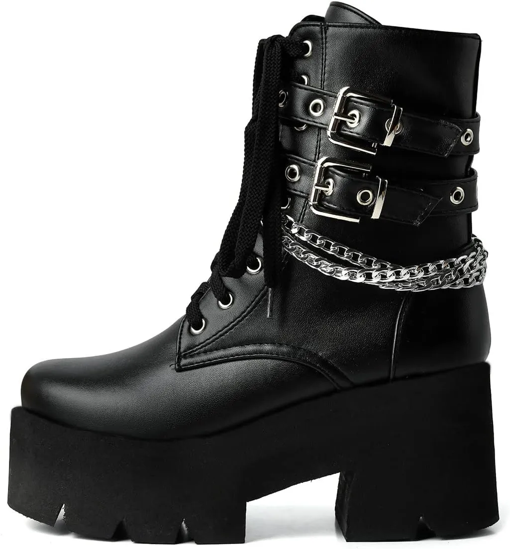 Trendenzy Womens Lace Up Chunky Heel Ankle Boots Goth Platform Combat Booties