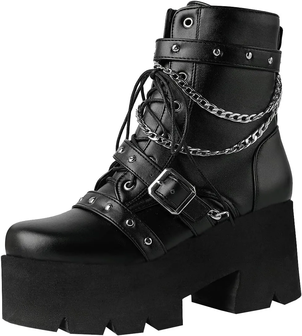 Trendenzy Womens Lace Up Chunky Heel Ankle Boots Goth Platform Combat Booties
