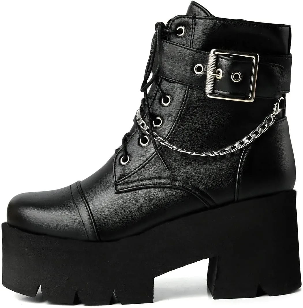 Trendenzy Womens Lace Up Chunky Heel Ankle Boots Goth Platform Combat Booties