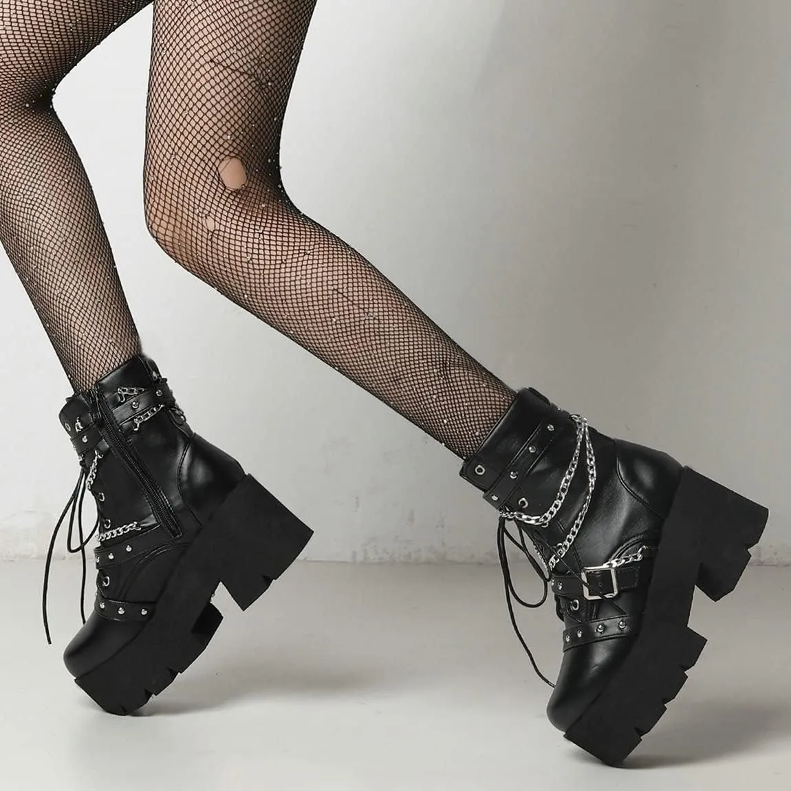 Trendenzy Womens Lace Up Chunky Heel Ankle Boots Goth Platform Combat Booties