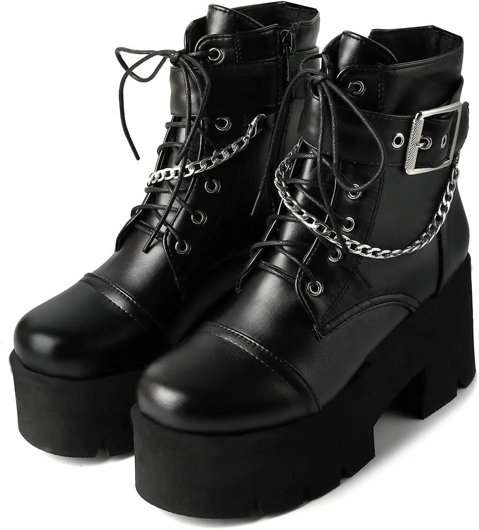 Trendenzy Womens Lace Up Chunky Heel Ankle Boots Goth Platform Combat Booties