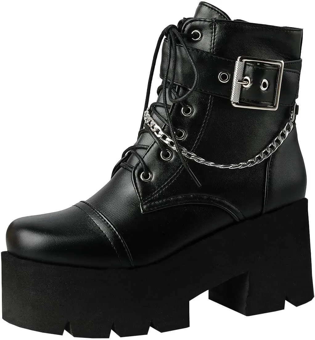 Trendenzy Womens Lace Up Chunky Heel Ankle Boots Goth Platform Combat Booties