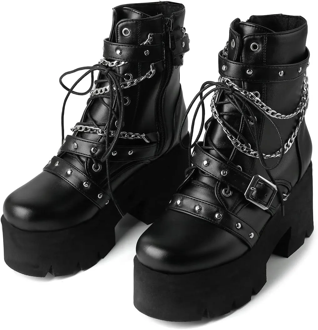Trendenzy Womens Lace Up Chunky Heel Ankle Boots Goth Platform Combat Booties
