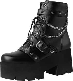 Trendenzy Womens Lace Up Chunky Heel Ankle Boots Goth Platform Combat Booties