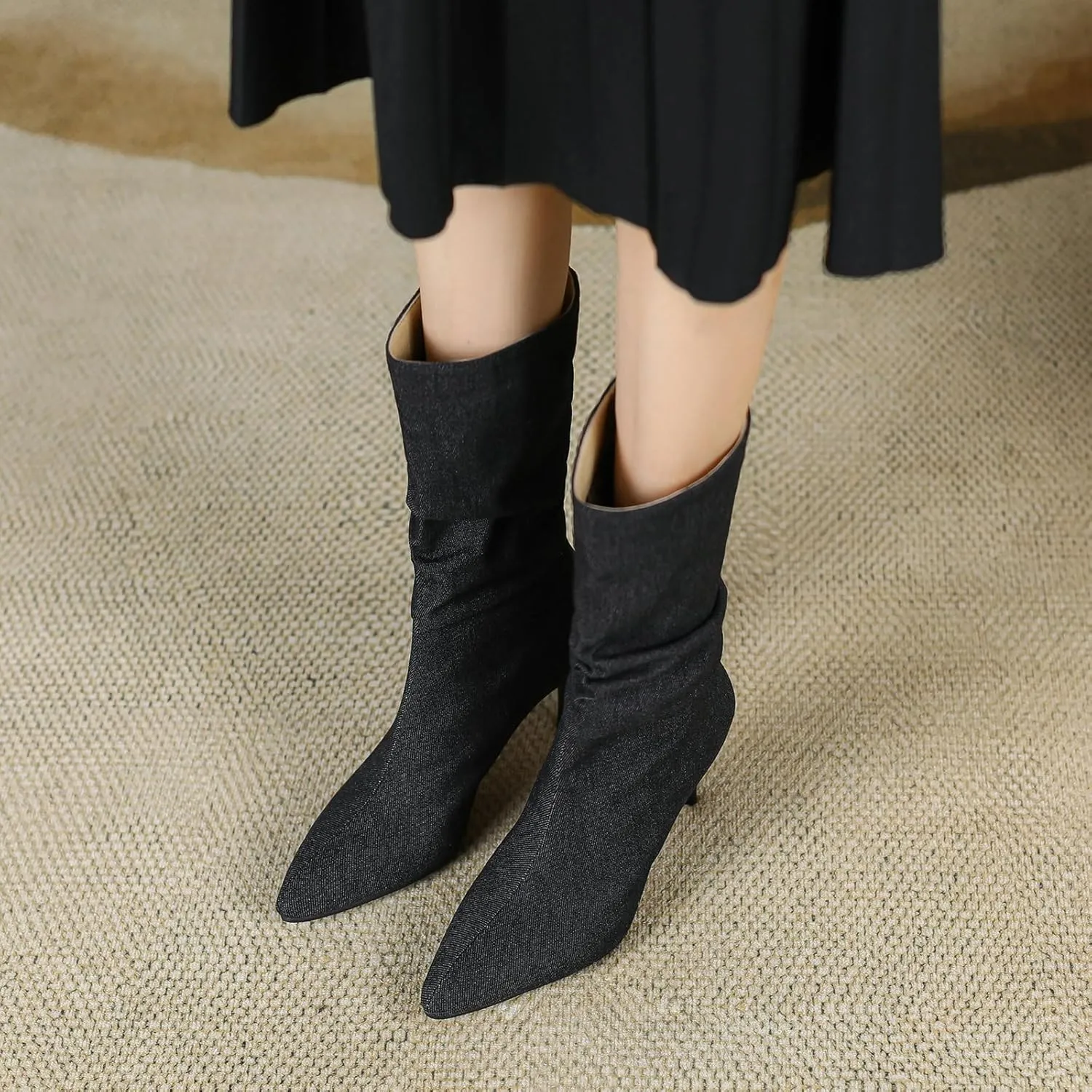 Uniquelly Womens Denim Stiletto Ankle Boots High Heel Booties Pointed Toe Side Zipper Dress Shoes