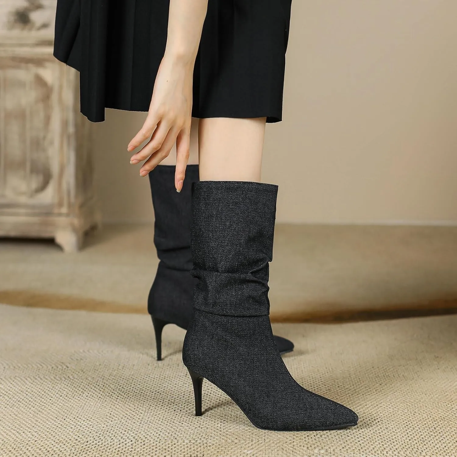Uniquelly Womens Denim Stiletto Ankle Boots High Heel Booties Pointed Toe Side Zipper Dress Shoes