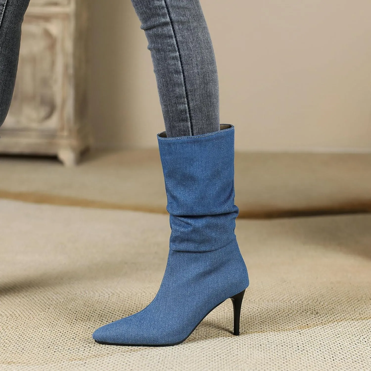 Uniquelly Womens Denim Stiletto Ankle Boots High Heel Booties Pointed Toe Side Zipper Dress Shoes