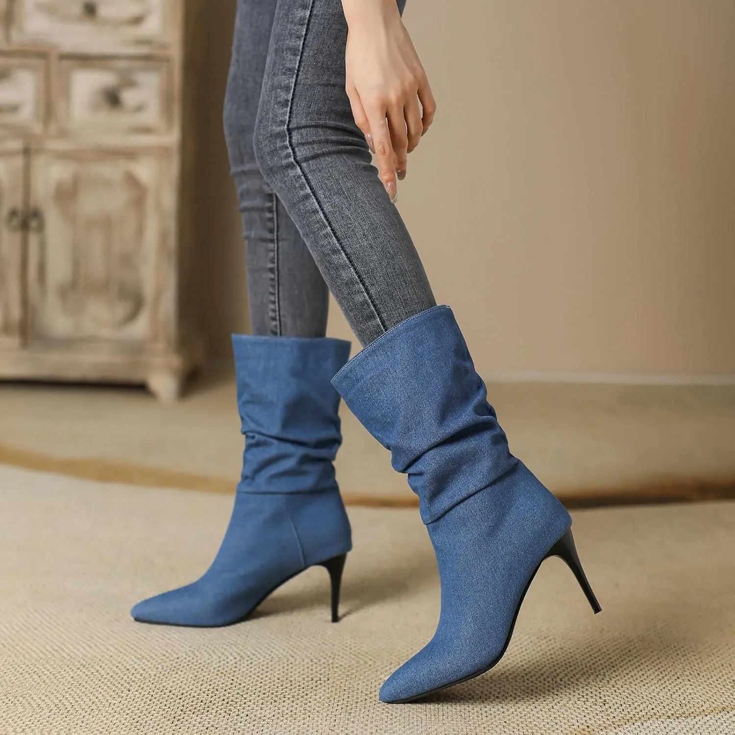 Uniquelly Womens Denim Stiletto Ankle Boots High Heel Booties Pointed Toe Side Zipper Dress Shoes