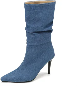 Uniquelly Womens Denim Stiletto Ankle Boots High Heel Booties Pointed Toe Side Zipper Dress Shoes