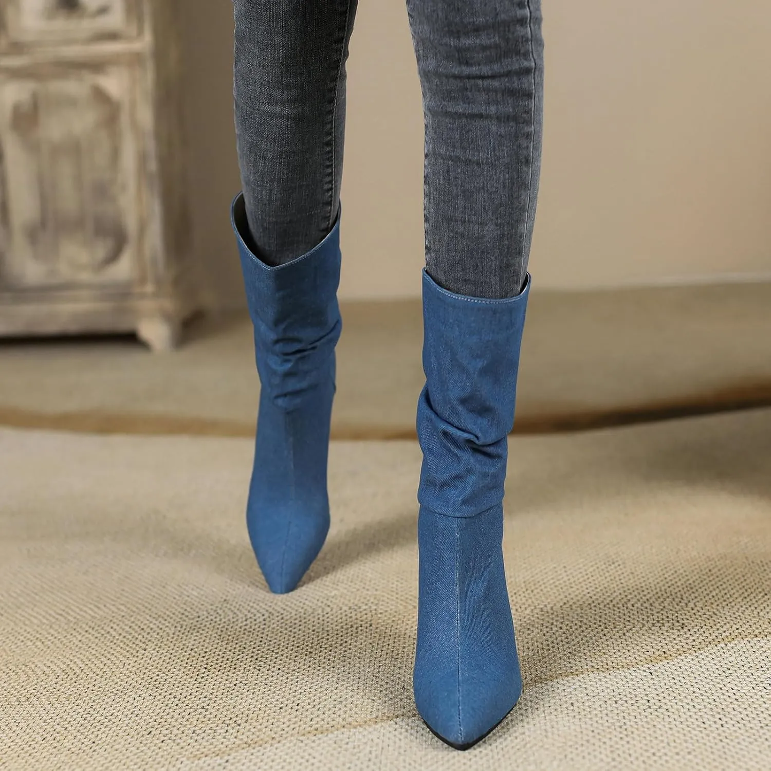 Uniquelly Womens Denim Stiletto Ankle Boots High Heel Booties Pointed Toe Side Zipper Dress Shoes