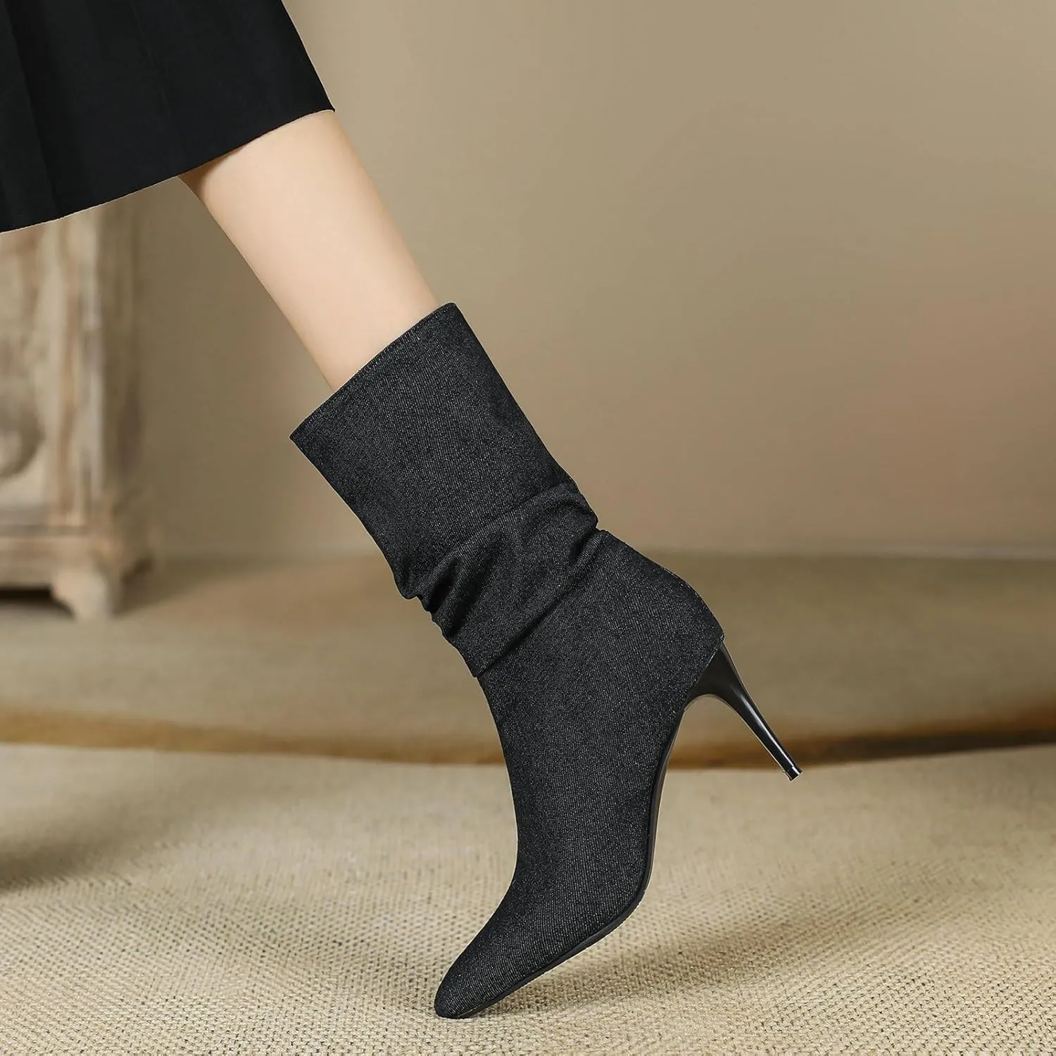 Uniquelly Womens Denim Stiletto Ankle Boots High Heel Booties Pointed Toe Side Zipper Dress Shoes