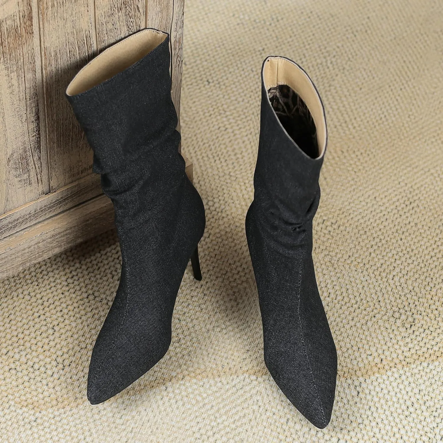 Uniquelly Womens Denim Stiletto Ankle Boots High Heel Booties Pointed Toe Side Zipper Dress Shoes