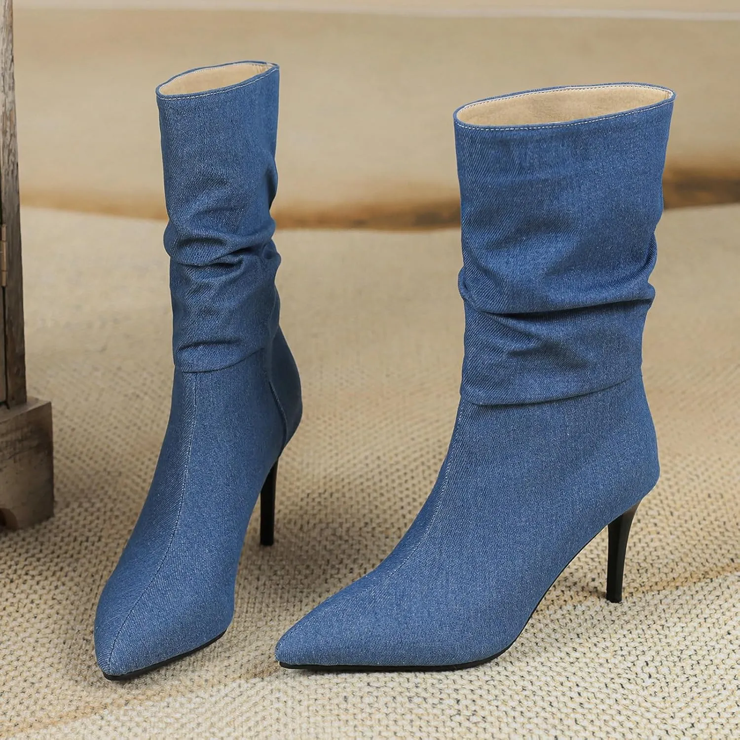 Uniquelly Womens Denim Stiletto Ankle Boots High Heel Booties Pointed Toe Side Zipper Dress Shoes