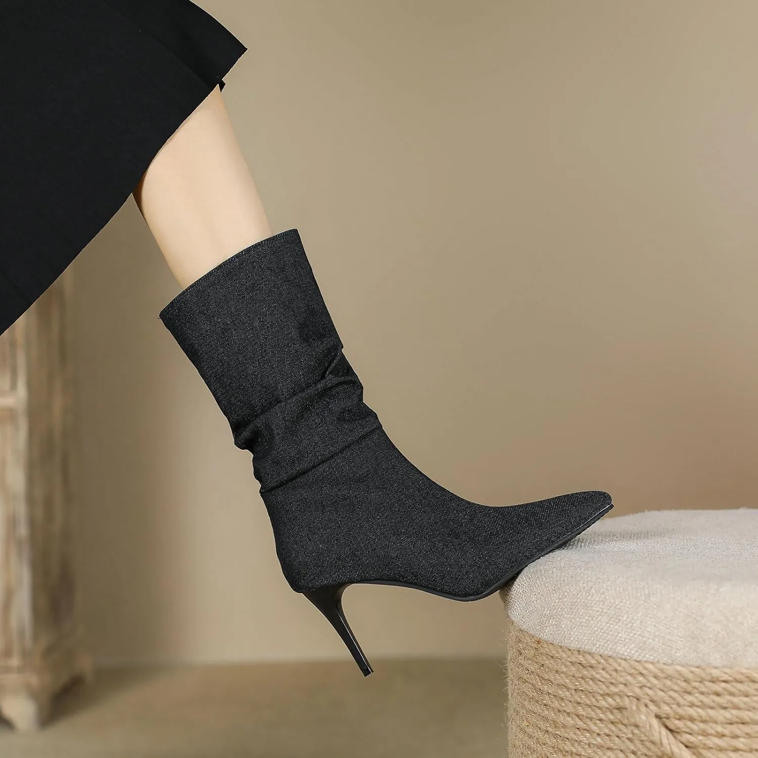 Uniquelly Womens Denim Stiletto Ankle Boots High Heel Booties Pointed Toe Side Zipper Dress Shoes