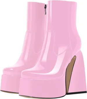 VERISSON Women's Ankle Boots Square Toe Chunky Heels Platform Patent Leather Shoes