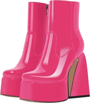 VERISSON Women's Ankle Boots Square Toe Chunky Heels Platform Patent Leather Shoes