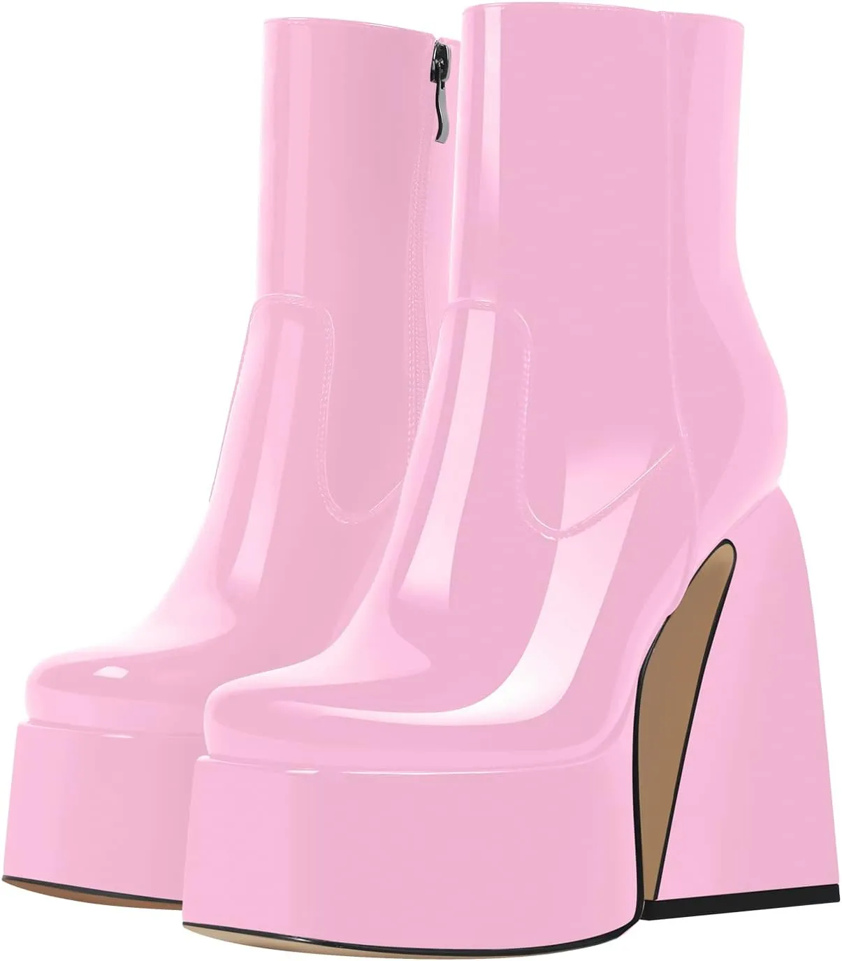 VERISSON Women's Ankle Boots Square Toe Chunky Heels Platform Patent Leather Shoes
