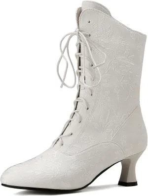 Victorian Boots for Women Vintage Granny Boots Renaissance Mid Calf Boots Costume Lace Up Low Heel Goth Boots with Zipper