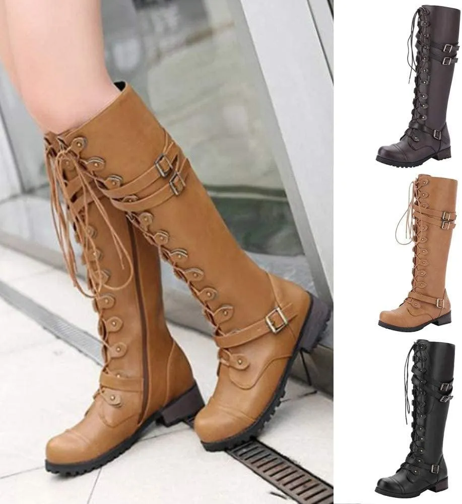 Vintage PU Leather Knee Boots for Women, Knee-High Boots Lace-up Punk Buckle Military Combat Stacked Heel Boot Shoes