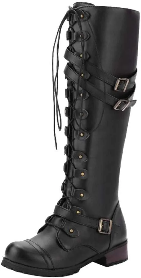 Vintage PU Leather Knee Boots for Women, Knee-High Boots Lace-up Punk Buckle Military Combat Stacked Heel Boot Shoes