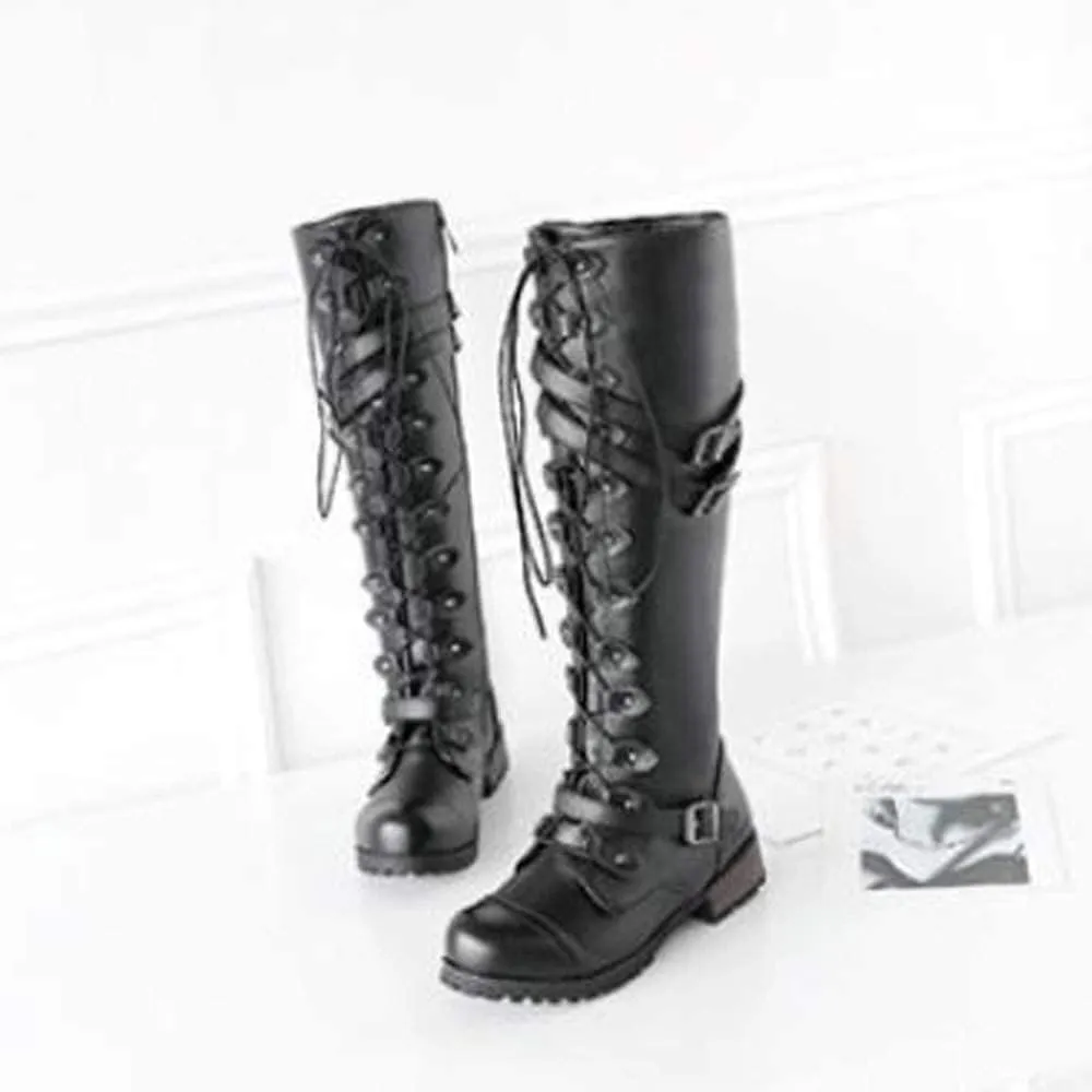 Vintage PU Leather Knee Boots for Women, Knee-High Boots Lace-up Punk Buckle Military Combat Stacked Heel Boot Shoes