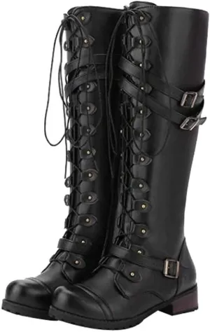 Vintage PU Leather Knee Boots for Women, Knee-High Boots Lace-up Punk Buckle Military Combat Stacked Heel Boot Shoes