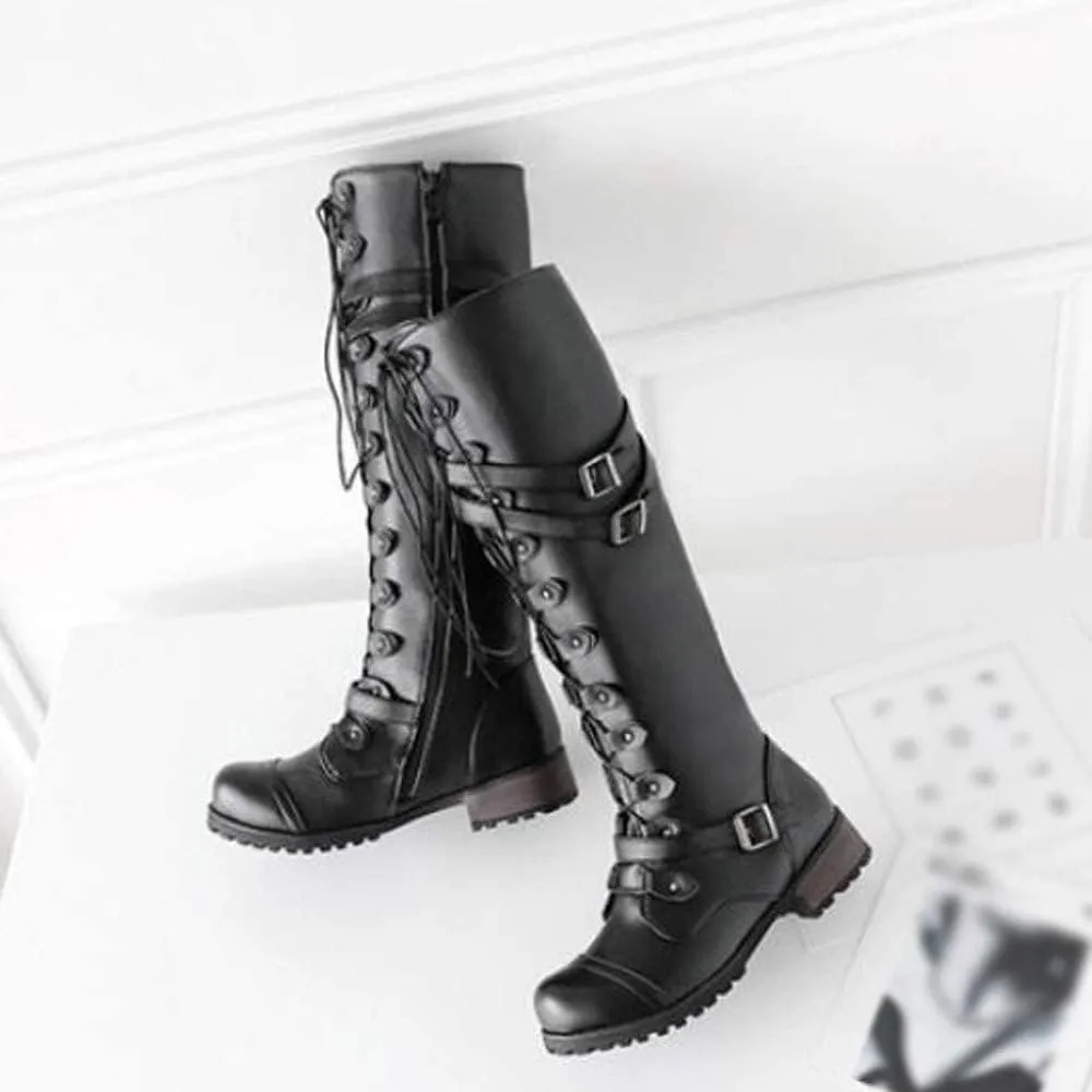 Vintage PU Leather Knee Boots for Women, Knee-High Boots Lace-up Punk Buckle Military Combat Stacked Heel Boot Shoes