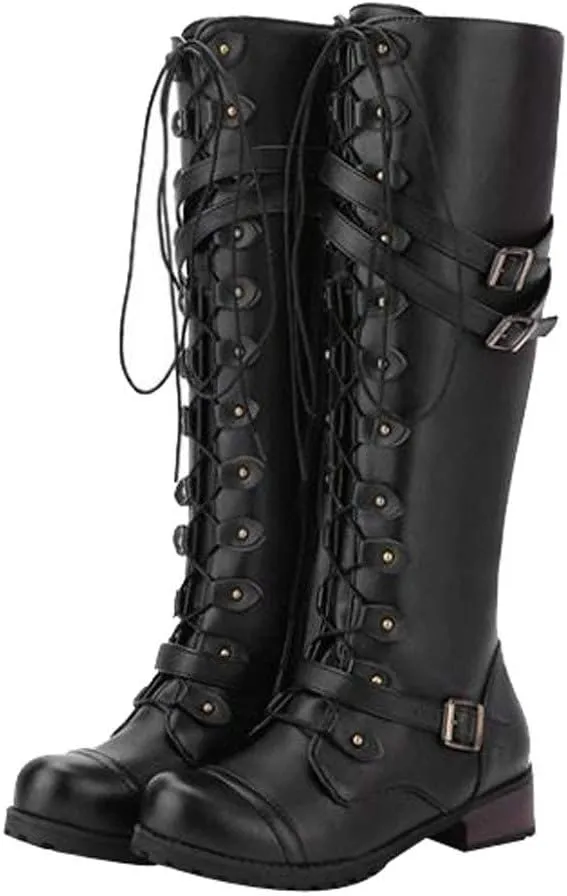 Vintage PU Leather Knee Boots for Women, Knee-High Boots Lace-up Punk Buckle Military Combat Stacked Heel Boot Shoes