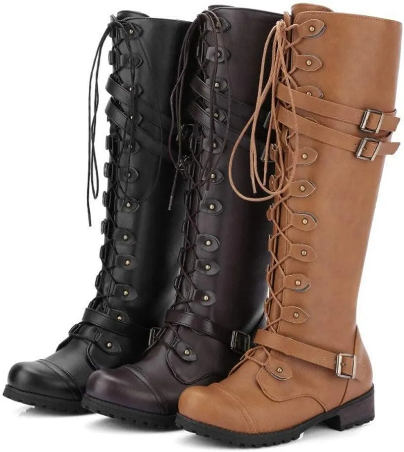 Vintage PU Leather Knee Boots for Women, Knee-High Boots Lace-up Punk Buckle Military Combat Stacked Heel Boot Shoes