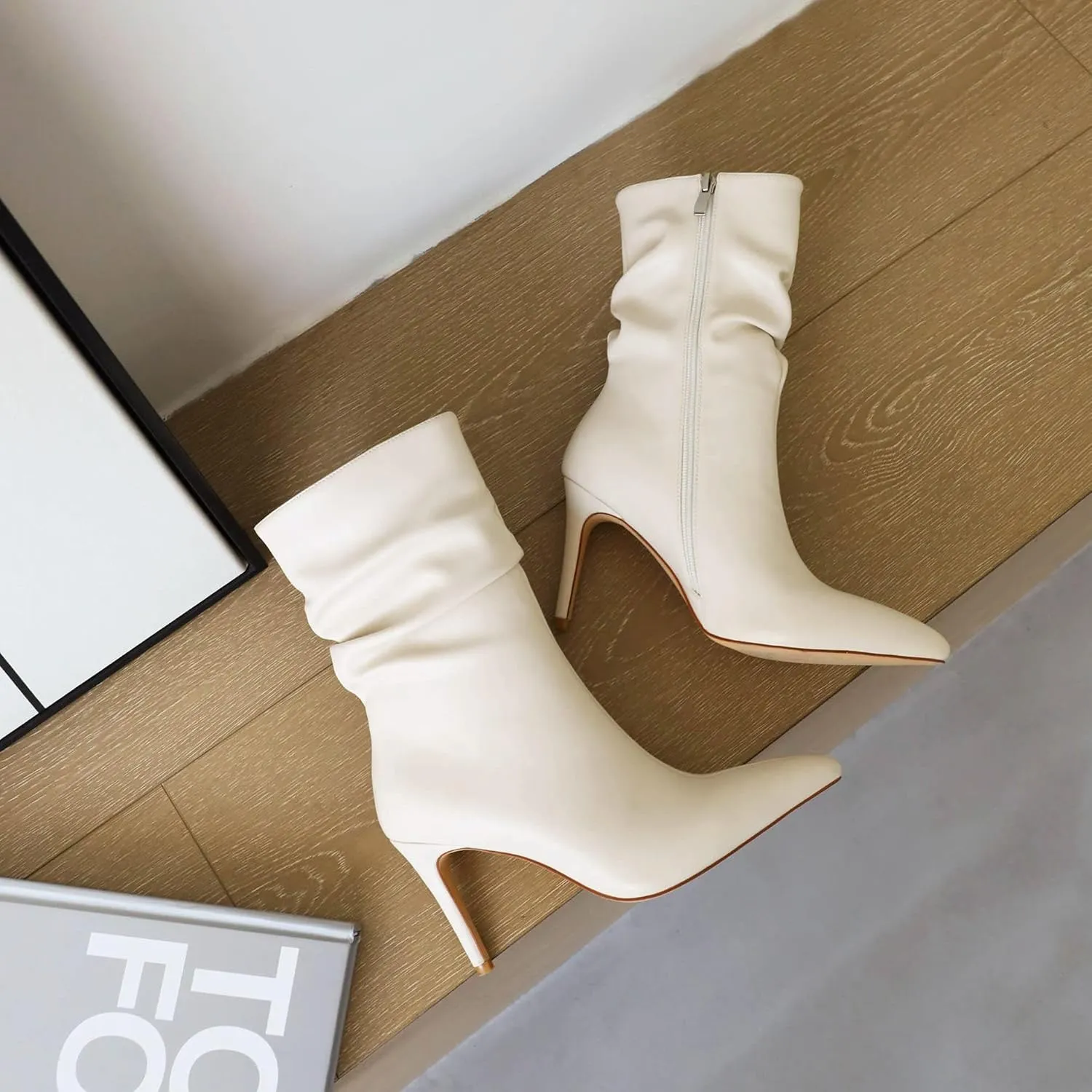 vivianly Womens Pointed Toe Heel Boots Stiletto Heels Mid-Calf Boots Zipper Booties