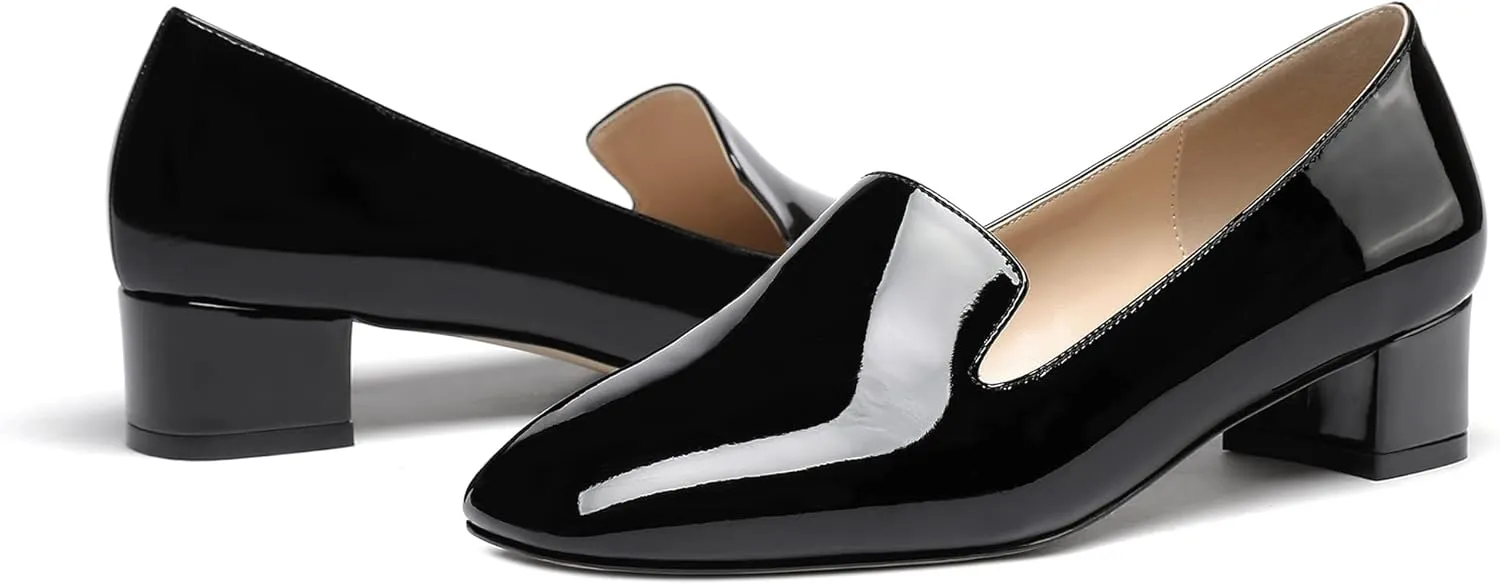 WAYDERNS Women's Patent Square Toe Slip On Mules Chunky Low Heel Pumps Shoes 1.5 Inch