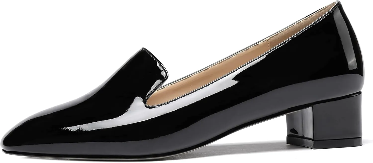 WAYDERNS Women's Patent Square Toe Slip On Mules Chunky Low Heel Pumps Shoes 1.5 Inch