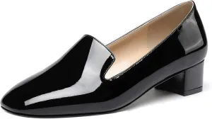 WAYDERNS Women's Patent Square Toe Slip On Mules Chunky Low Heel Pumps Shoes 1.5 Inch