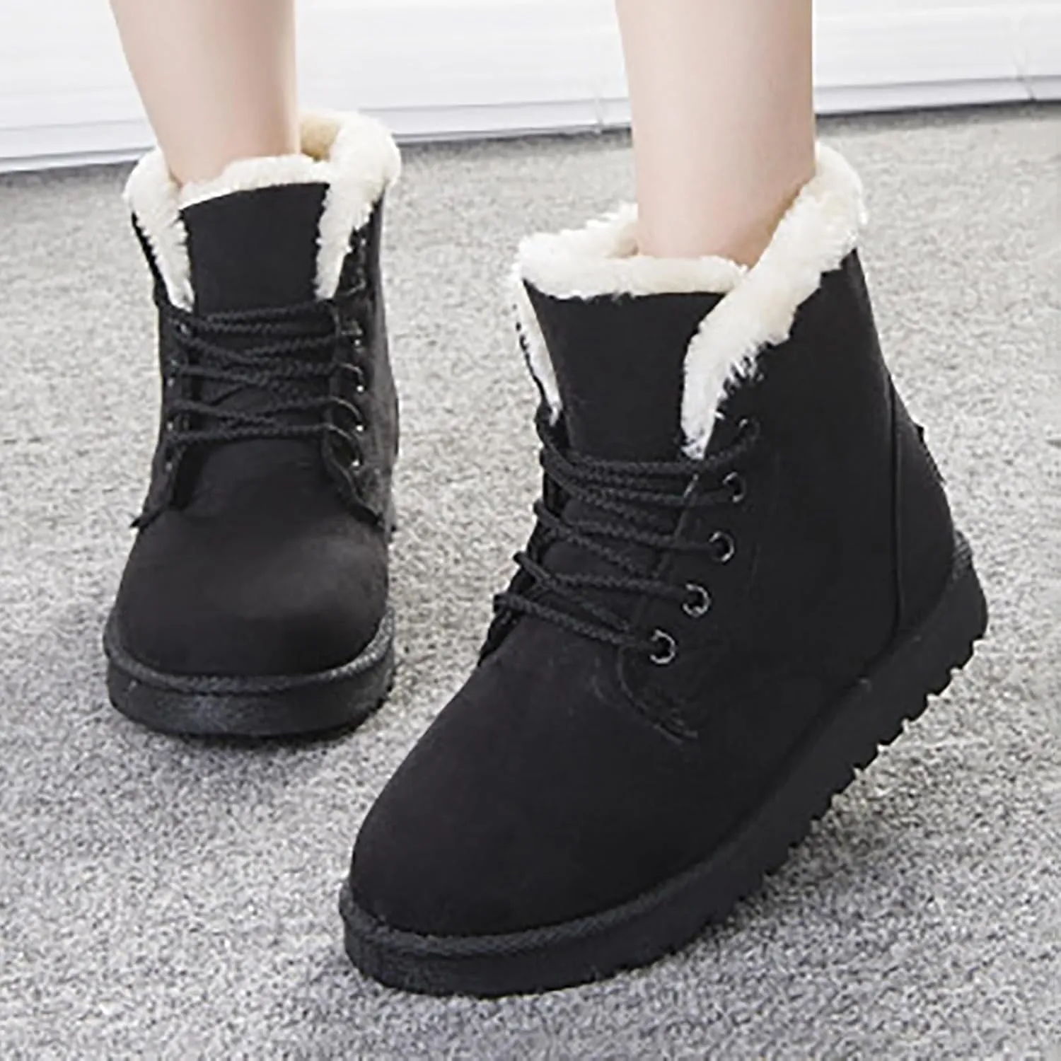 Winter Boots For Women Cotton Snow Boots Furry Lace-Up Hiking Booties Keep Warm Winter Ankle Short Booties