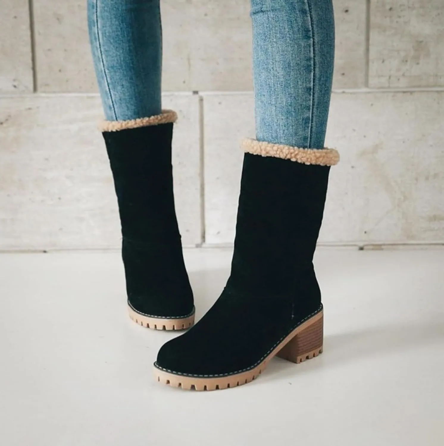 Women Cute Warm Short Boots Women's Winter Snow Fleece Suede Chunky Mid Heel Round Toe Ankle Booties