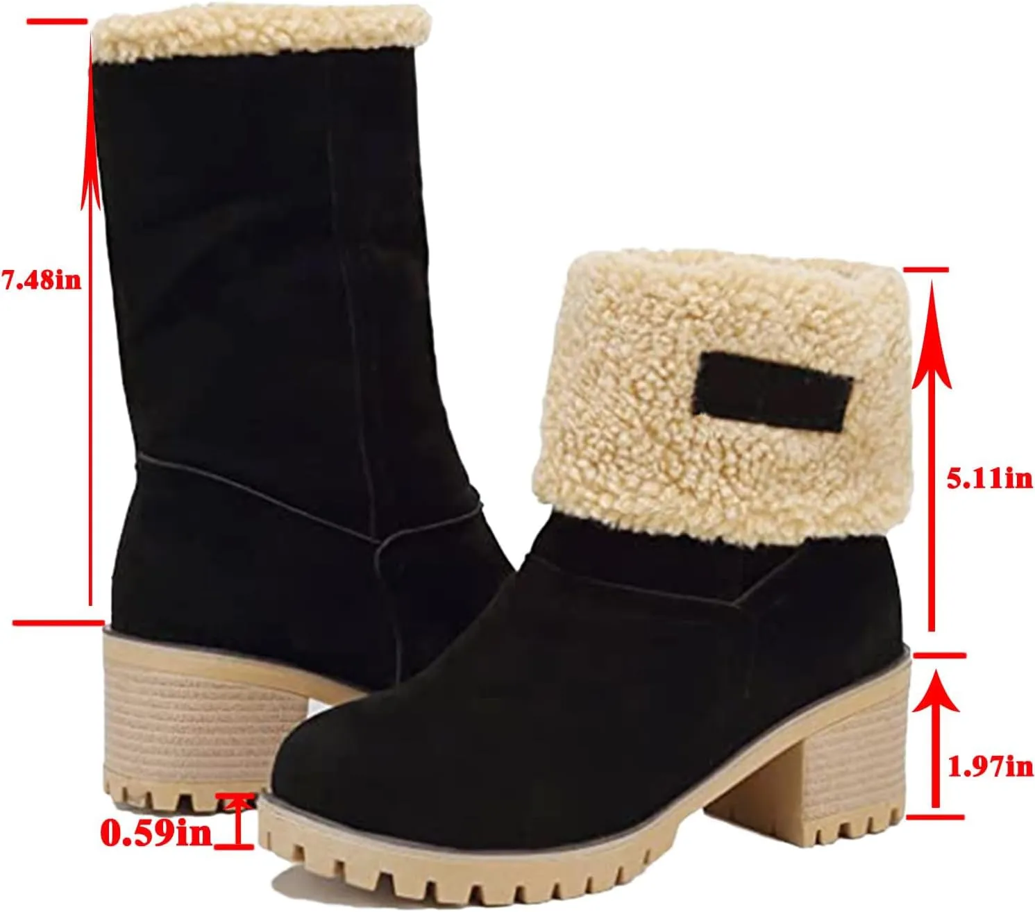 Women Cute Warm Short Boots Women's Winter Snow Fleece Suede Chunky Mid Heel Round Toe Ankle Booties