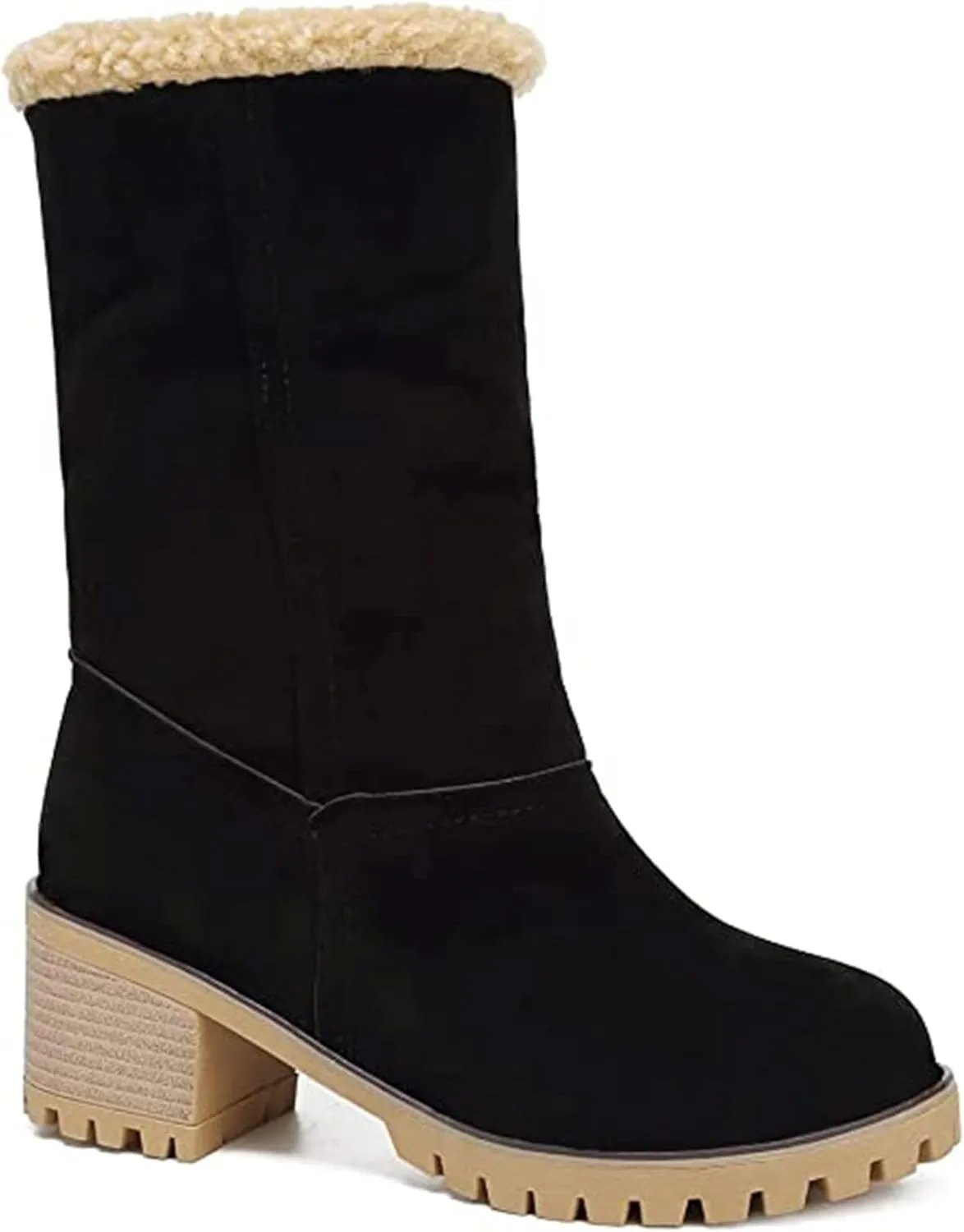 Women Cute Warm Short Boots Women's Winter Snow Fleece Suede Chunky Mid Heel Round Toe Ankle Booties